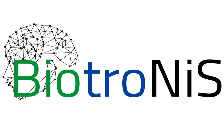 Green-blue-black lettering “Bio-tro-NiS” with a schematic head in profile
