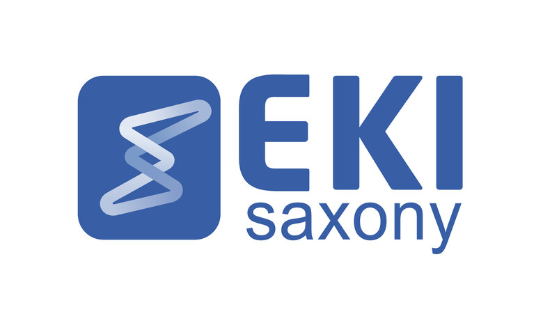 Blue square with rounded corners, a white abstract shape and the lettering "EKI saxony"
