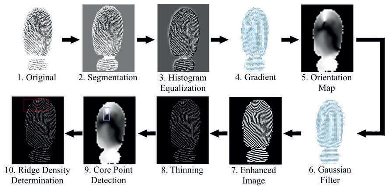 Verschiedene Versionen ines Fingerabdrucks mit den Titeln: 1. Original, 2. Sementation, 3. Histogram Equalization, 4. Gradient, 5. Orientation Map, 6. Gaussian Filter, 7. Enhanced Image, 8. Thinning, 9. Core Point Detection, 10. Ridge Density Determinati