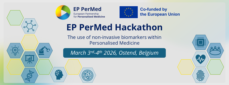 Das Bild zeigt eine Ankündigung für den “EP PerMed Hackathon”, der vom 3. bis 4. März 2026 in Ostend, Belgien, stattfindet. Das Hauptelement der Grafik ist der Veranstaltungsname und das Thema: „The use of non-invasive biomarkers within Personalised Medic