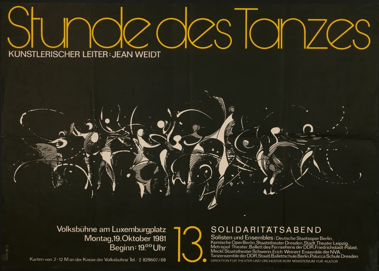 Ein Werbeplakat für eine Tanzveranstaltung an der Volksbühne mit dem Titel "Stunde des Tanzes", künstlerischer Leiter: Jean Weidt. Die Illustration zeigt weiße, stilisiert dargestellte Tanzfiguren auf schwarzem Grund.