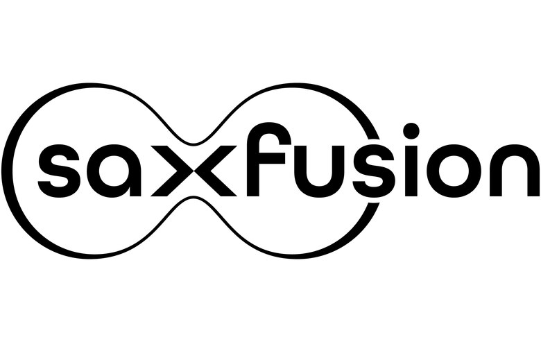 Black horizontal bean shape with the lettering “SAXFUSION”